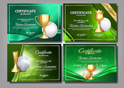 Golf Game Certificate Diploma With Golden Cup Set Vector. Sport Award Template. Achievement Design. Honor Background. A4 Horizontal. Graduation. Elegant Document. Champion. Best Prize. Illustration