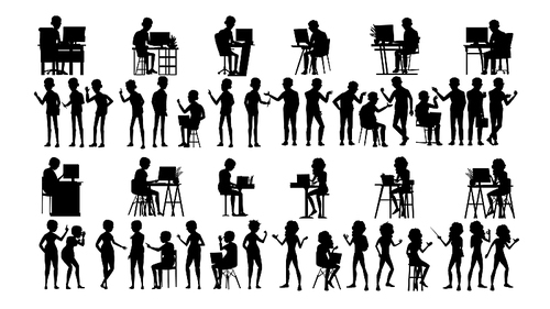 Business People Silhouette Set Vector. Man, Woman. Guy Young. Figure Collection. Office Suitcase. Standing Girl. Adult Worker. Background Element. Corporate Handshake Employee Diverse Illustration