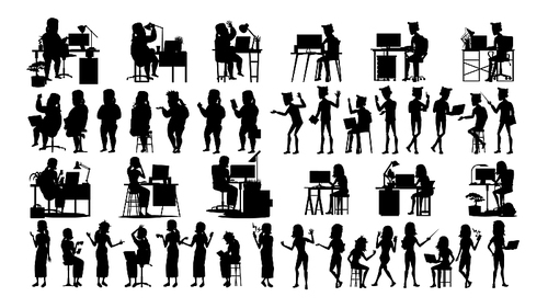 Business People Silhouette Set Vector. Man, Woman. Urban Meeting. Friends Communication. Body Row. Talking Together. Black Isolated On White Illustration