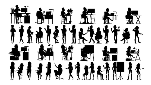 Business People Silhouette Set Vector. Man, Woman. Adult Worker. Background Element. Corporate Handshake. Employee Diverse. Male, Female. Black Isolated On White Illustration