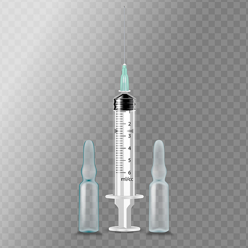 Syringe Ampoule Vector. Medicament Therapy. Injection Needle. Realistic Illustration