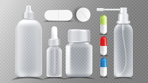 Transparent Medical Container Vector. Jar For Tablets, Vitamin, Capsule. Packaging Design Realistic Illustration