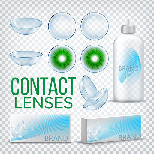 Contact Lenses Branding Design Mockup Vector. Myopia Care. Eye Lens. Medical Product. Soft Optical Glass. Healthy Vision. Package. Shop Sale Promotion. 3D Illustration