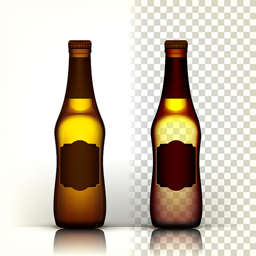 Beer Bottle Vector. Empty Glass For Craft Beer. Mockup Blank Template. 3D Transparent Isolated Realistic Illustration