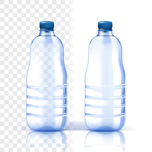 Plastic Bottle Vector. Empty Label. Bluer Classic Water Bottle With Cap. Container For Drink, Beverage, Liquid, Soda, Juice. Branding Design. Realistic Isolated Transparent Illustration