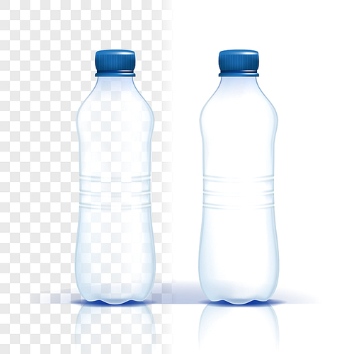 Plastic Bottle Vector. Clear Product. Bluer Classic Water Bottle With Cap. Container For Drink, Beverage, Liquid, Soda, Juice. Branding Design. Realistic Isolated Transparent Illustration