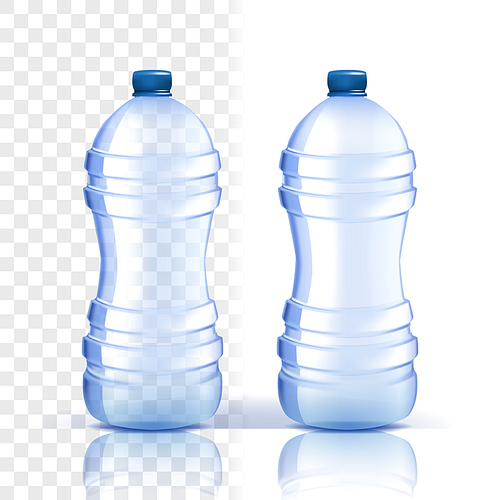 Plastic Bottle Vector. Full Object. Bluer Classic Water Bottle With Cap. Container For Drink, Beverage, Liquid, Soda, Juice. Branding Design. Realistic Isolated Transparent Illustration