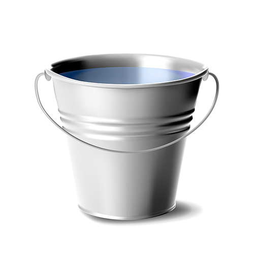 Metal Bucket Full Of Water Vector. Classic Jar. Cleaning Equipment For Water. Package. Realistic Illustration