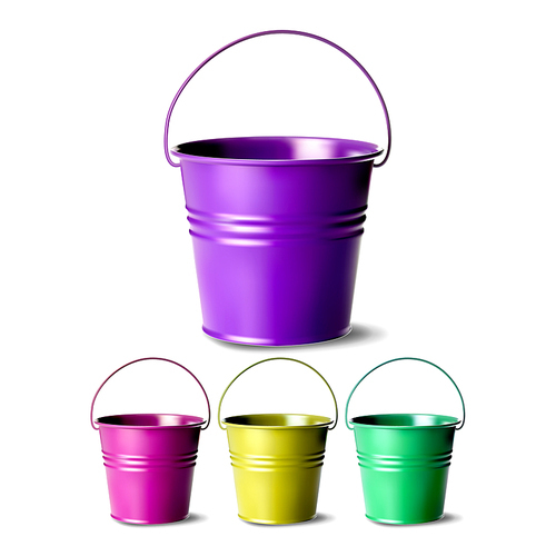 Metal Bucket Vector. Bucketful Different Colors. Classic Jar Empty. Cleaning Equipment For Water. Realistic Illustration