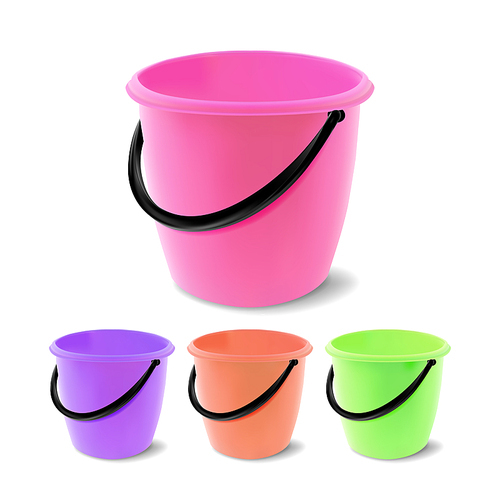 Plastic Bucket Vector. Bucketful Different Colors. Classic Jar With Handle, Empty. Garden, Household, Office Equipment. Reatil Object. Realistic Illustration