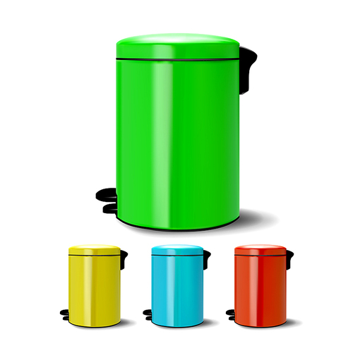 Metal Bucket Vector. Bucketful Different Colors. Classic Jar Empty. Office, Restroom Equipment For Paper Trash. Reatil Object. Realistic Illustration
