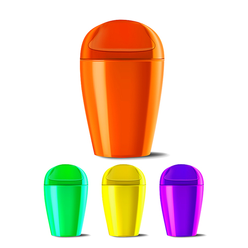 Plastic Bucket Vector. Bucketful Different Colors. Classic Jar Empty. Container. Office, Restroom Equipment For Paper Trash. Realistic Illustration