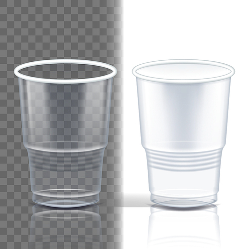 Plastic Cup Transparent Vector. Graphic Brand. Drink Mug. Disposable Tableware Clear Empty Container. Cold Or Hot Takeaway Drink. Isolated 3D Realistic Illustration