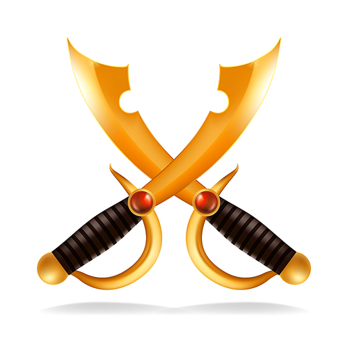 Gold Crossed Sword Saber Vector. Golden Shiny Weapon. Power Safety Protect Symbol. Isolated Illustration