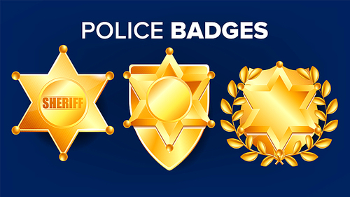 Sheriff Badge Vector. Golden Star. Officer Icon. Detective Insignia. Sevurity Emblem. Western Style. Retro Object. Realistic Illustration