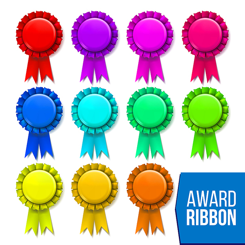 Award Ribbon Set Vector. Certificate Banner. Celebration Tag. Advertising Event. Best Trophy. Luxury Product. Object Template. Reward Rosette. Sign. Quality Background. 3D Realistic Illustration