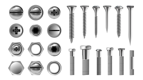 Metal Screw Set Vector. Stainless Bolt. Hardware Repair Tools. Head Icons. Nails, Rivets, Nuts Realistic Illustration