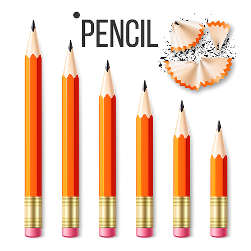 Pencil Stationery Set Vector. Yellow Classic Wooden. Realistic Illustration
