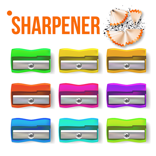 Sharpener Stationery Set Vector. Plastic. Educational Tool. Drawing Realistic Illustration