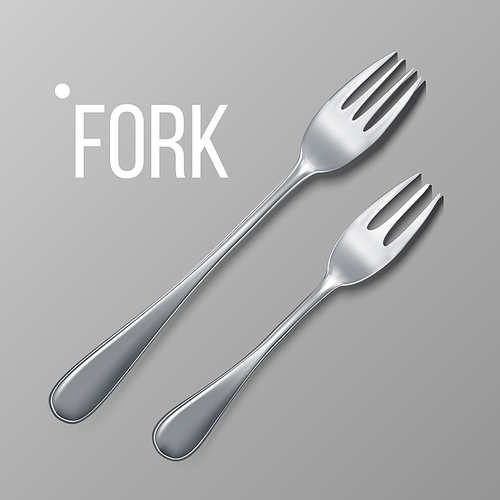 Fork Vector. Silver Metal Fork Top View. Restaurant Silverware Tool. Realistic Illustration