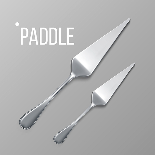 Paddle Vector. Silver Metal Paddle Top View. Restaurant Silverware Tool. Realistic Illustration