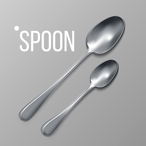 Spoon Vector. Silver Metal Spoon Top View. Restaurant Silverware Tool. Top View. Realistic Illustration