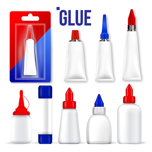 Glue Set Vector. Bottle, Tube, Stick. Super Fast Repair. Moment Gluing Fixing. Stationery Branding Package Mockup Design. Realistic Illustration