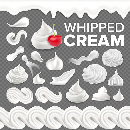 Whipped Cream Set Vector. White Creamy Swirl. Vanilla Milk Dessert. Soft Decoration Icon. Frothy Sweet Candy. Topping Product. Tasty Classic Twirl. 3D Realistic Illustration