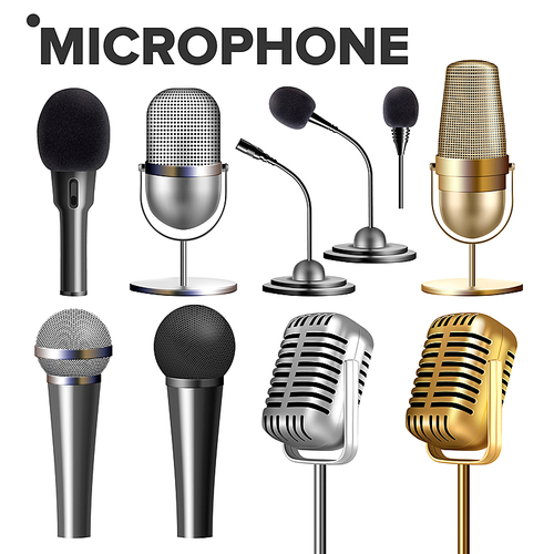 Microphone Set Vector. Audio Equipment. Music Icon. Vintage Concert. Modern And Retro. Communication Musical Symbol. Performance Karaoke Object. 3D Realistic Illustration