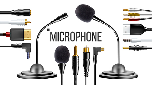 Microphone For Clothes, Voice Recording Vector. Interview Sign. Connector, Port, Usb. Vintage Concert. Audio Communication. Musical Symbol Performance Illustration