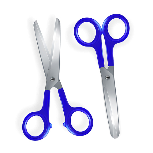 Scissor Vector. 3D Realistic Scissor Icon. Plastic Handles. Opened And Closed. School, Office Equipment. Illustration
