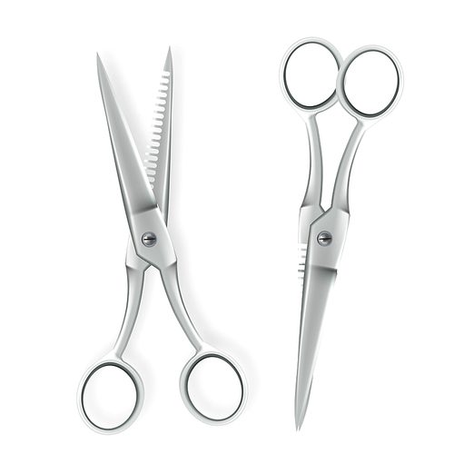 Scissor Vector. 3D Realistic Scissor Icon. Hairdresser Symbol. Opened And Closed. Metal Handle Illustration