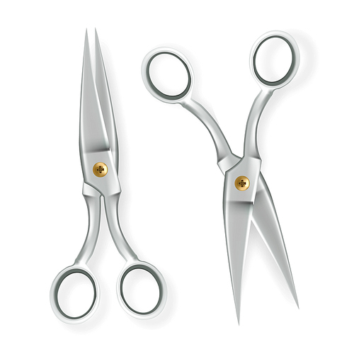 Scissor Vector. 3D Realistic Metal Scissor Icon. Opened And Closed. Hairdresser Symbol. Illustration