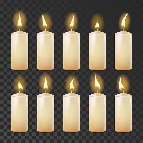 Candles Set Vector. White, Yellow. Religion, Church Prayer Transparent Background Realistic Illustration