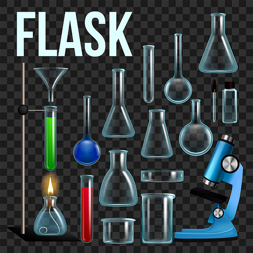Laboratory Flask Set Vector. Glassware, Beaker. Empty Equipment For Chemistry Experiments. Chemical Lab Instruments. Microscope. Realistic Transparent Dark Illustration