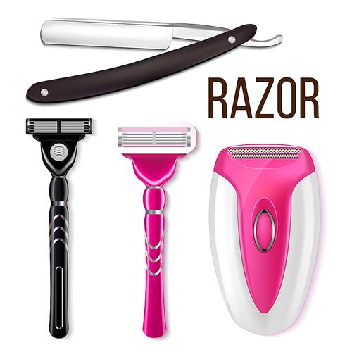 Razor Set Vector. Male, Female Smooth Razor Mockup. Electric Shaver And Manual Shaving. Depilation Barber Personal Accessory Daily Tool. Blade Sharp. Silky Skin. Realistic Illustration