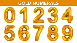 Gold Numerals Set Vector. Golden Yellow Metal Letter. Number 0 1 2 3 4 5 6 7 8 9. Alphabet Font. Typography Design Element. Party Background. Symbol. Metallic 3D Realistic Illustration