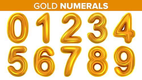 Gold Numerals Set Vector. Golden Yellow Metal Letter. Number 0 1 2 3 4 5 6 7 8 9. Alphabet Font. Typography Design Element. Party Background. Symbol. Metallic 3D Realistic Illustration