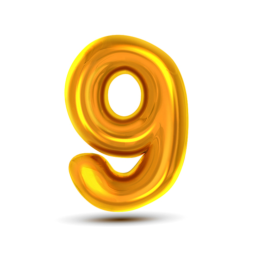 9 Nine Number Vector. Golden Yellow Metal Letter Figure. Digit 9. Numeric Character. Alphabet Typography Design Element. Party Foil Symbol. Numeral Metallic 3D Realistic Illustration