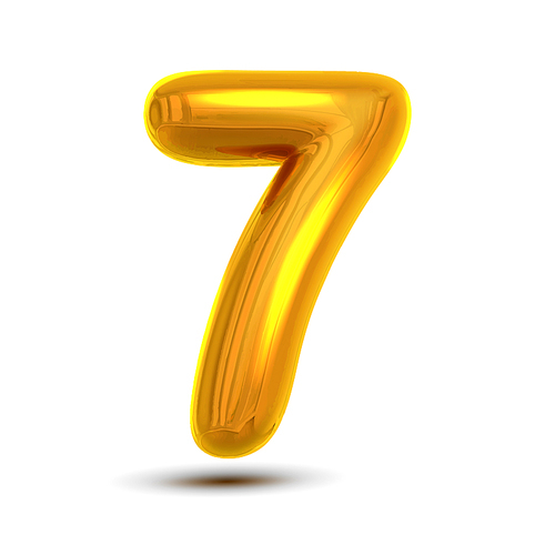 7 Seven Number Vector. Golden Yellow Metal Letter Figure. Digit 7. Numeric Character. Alphabet Typography Design Element. Party Foil Symbol. Numeral Metallic 3D Realistic Illustration