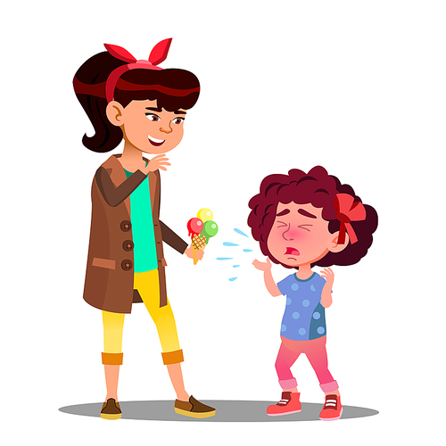 Girl Treating To Crying Girl To Ice Cream Vector. Illustration