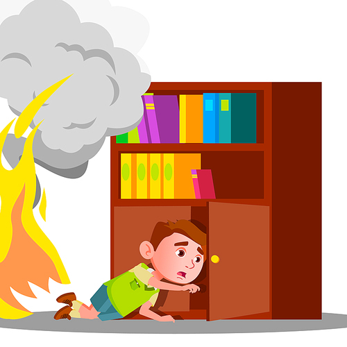 Kid Boy Climbs Into Cabinet Shelf Clothes To Hide From Smoke And Fire Vector. Illustration