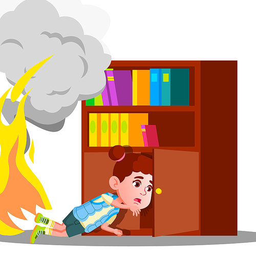 Kid Girl Climbs Into Cabinet Shelf Clothes To Hide From Smoke And Fire Vector. Illustration