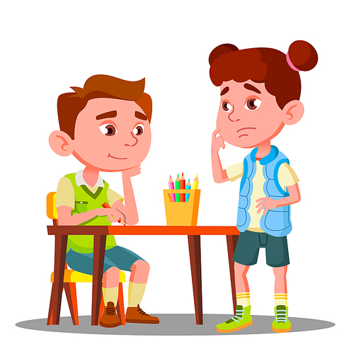 Boy Drawing With Colored Pencils And Offended Girl Stands Next To Him Vector. Illustration