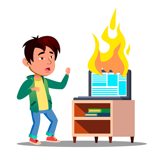 Scared Asian Kid Next To Burst Into Flame Laptop Vector. Illustration