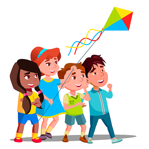 Multinational Children Flying Multi-Colored Kite Into The Sky Vector. Illustration