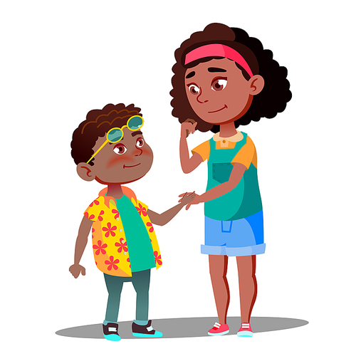 Smiling Girl Takes Hand Of Shy Afro American Boy Vector. Illustration