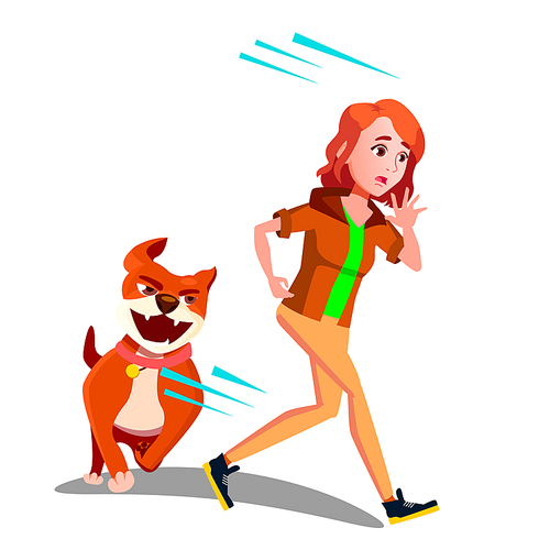 Scared Girl Runs Away From The Dog Vector. Illustration