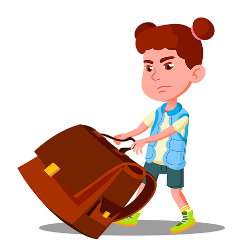 Child Girl With Effort Draging Along The Floor A Heavy School Backpack Vector. Illustration