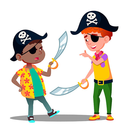 African And White Kids Play Pirates And Fighting With Sabers In Pirate Caps Vector. Illustration